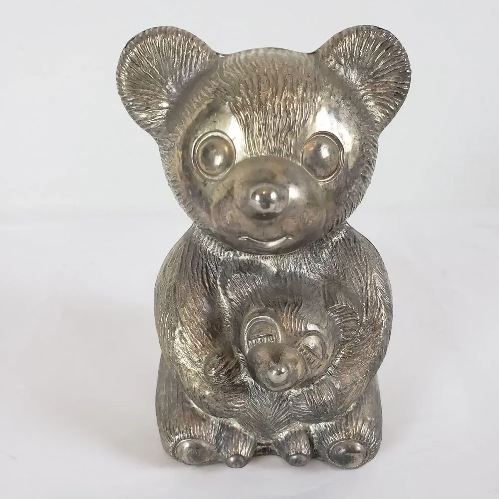 Baby Bear Holding Teddy Bear - Metal Bank / Statue - Vintage Made Taiwan 1970's!